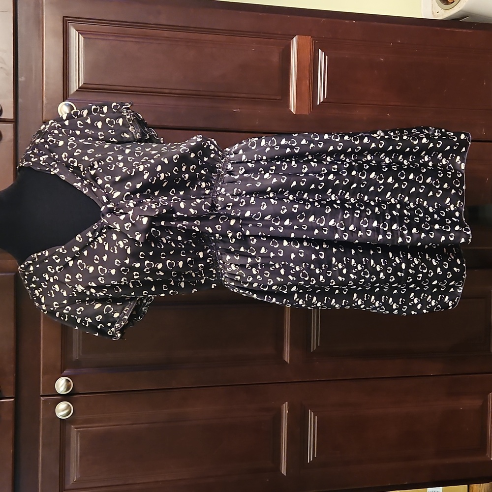 Max Studio Black and White Polka Dot Short Sleeve Dress with Tie Neck Size L